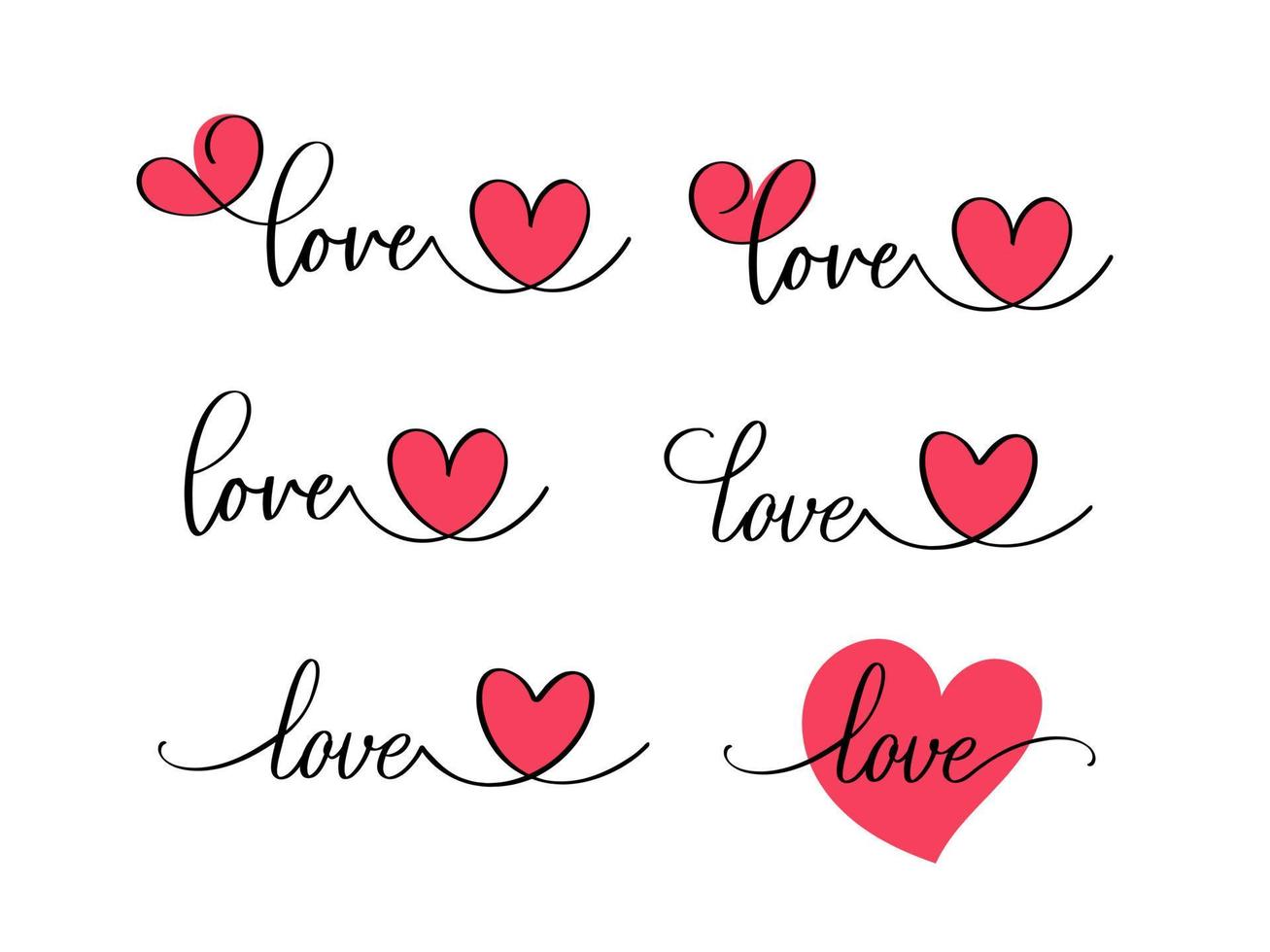 Hand lettering valentines day love heart typography set quotes calligraphy valentine's day greeting card background vector