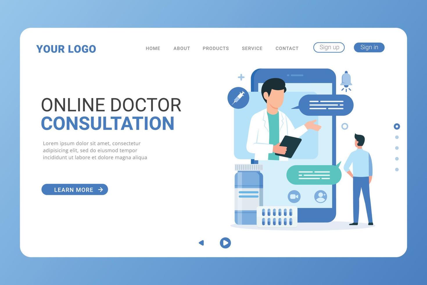 Online doctor consultation support landing page template vector