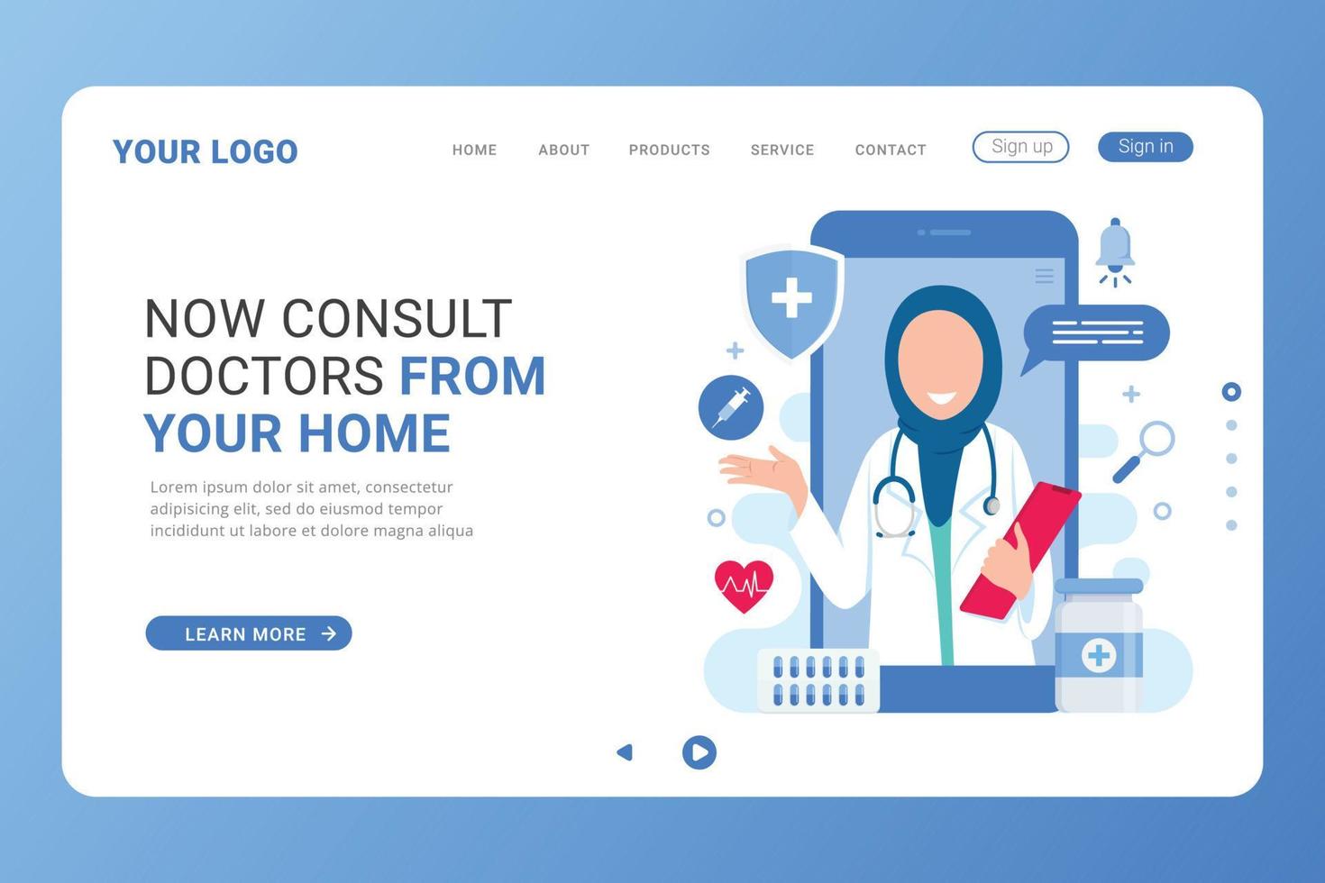 Online doctor consultation support landing page template vector