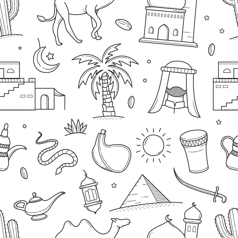 Arabian desert and object outline doodle seamless pattern vector