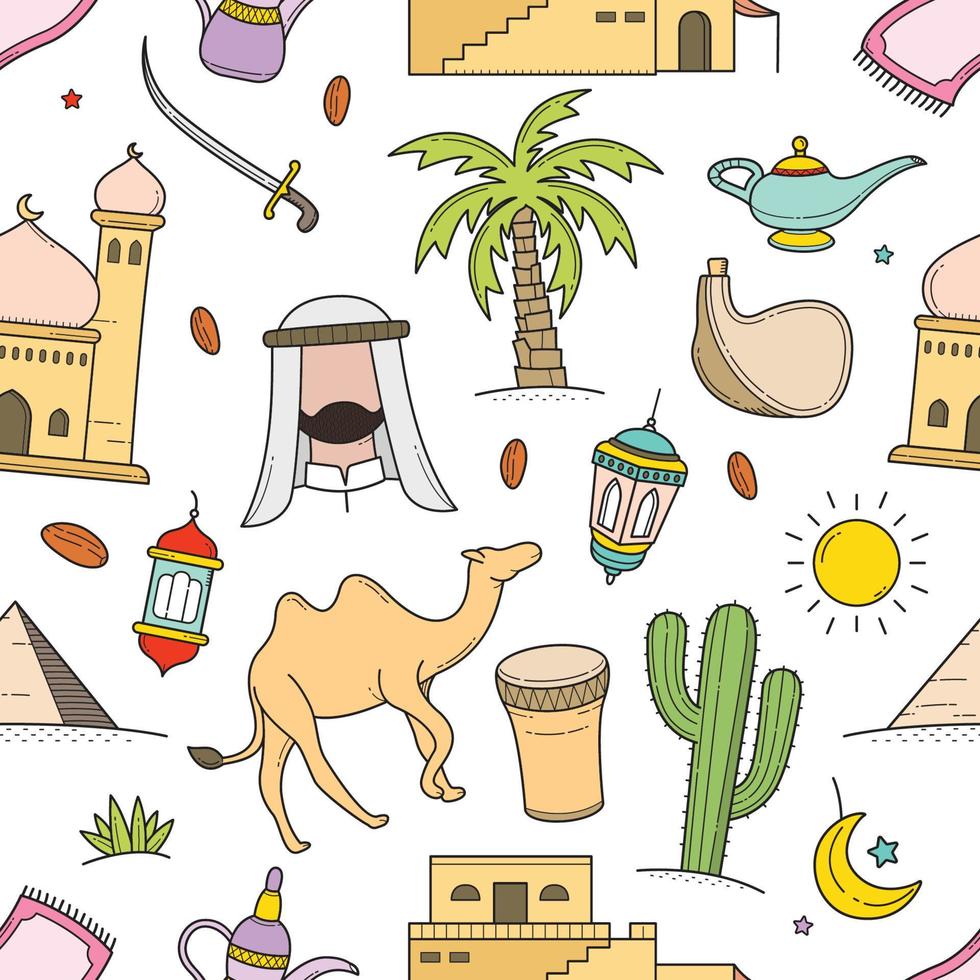 Arabian desert and object outline doodle seamless pattern vector