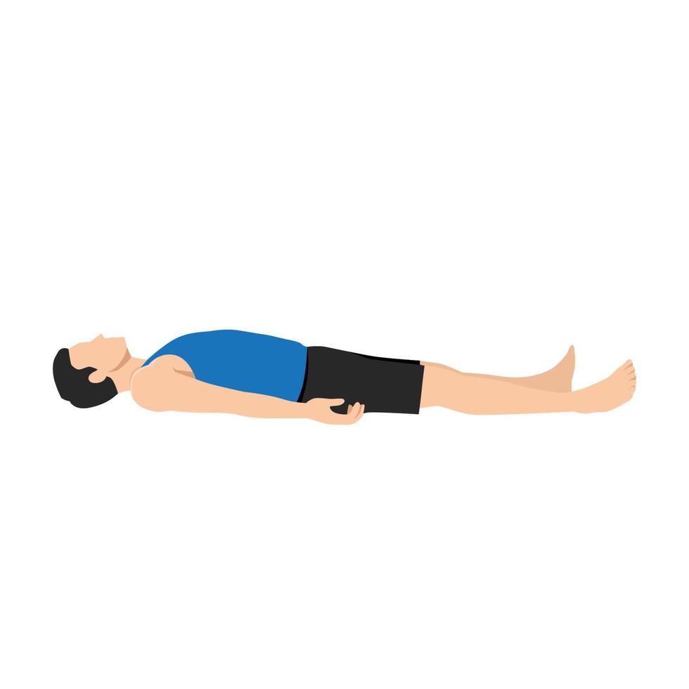 hombre haciendo shavasana o pose de cadáver. ejercicio de práctica de yoga. ilustración vectorial plana aislada sobre fondo blanco vector