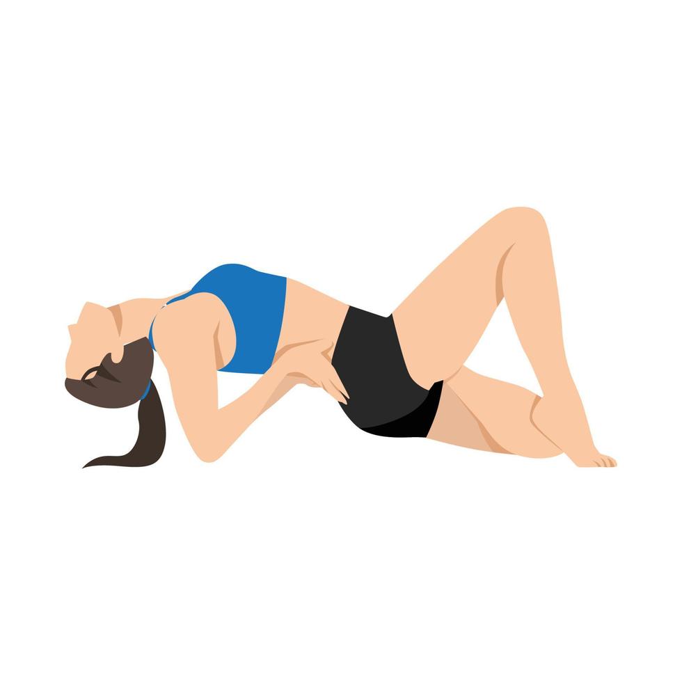 mujer haciendo medio loto fácil variación de pose de pez. hermosa chica práctica matsyasana variación padmasana codos. ilustración vectorial plana aislada sobre fondo blanco vector