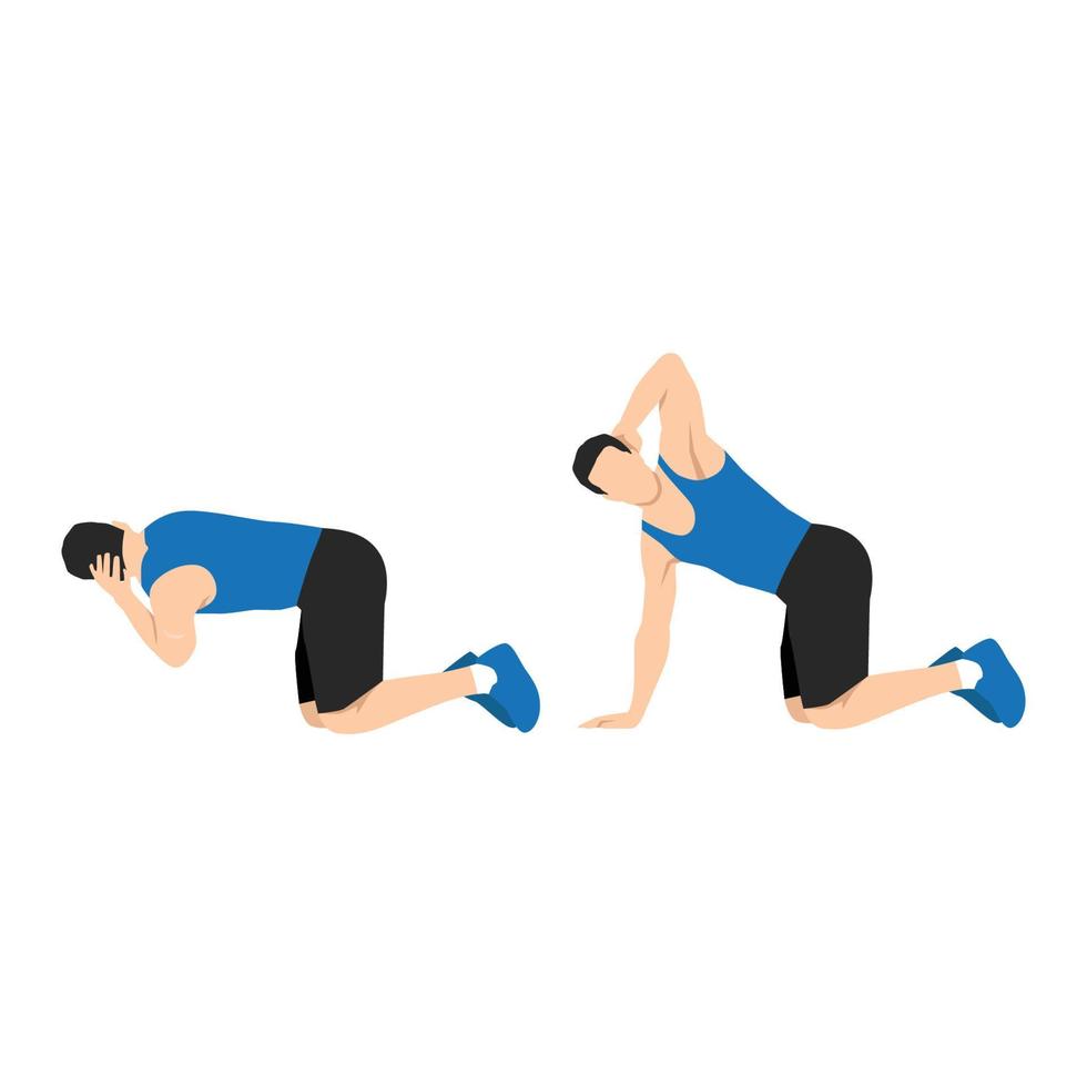 Man doing exercise in thoracic rotation pose or quadruped rotation. Flat vector illustration isolated on white background