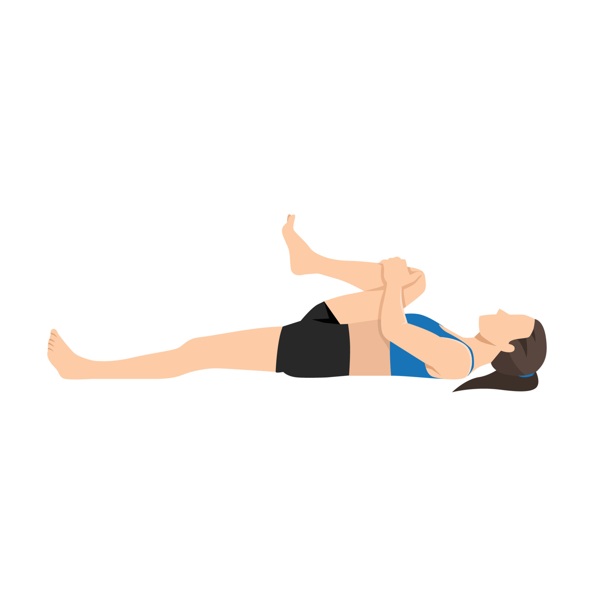 woman doing prone hamstring stretch or laying hamstring stretch. Flat ...