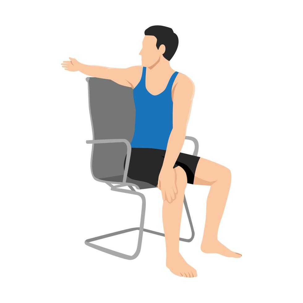 Man doing workout at office seated Chair spinal twist. ardha matsyendrasana exercise. Flat vector illustration isolated on white background