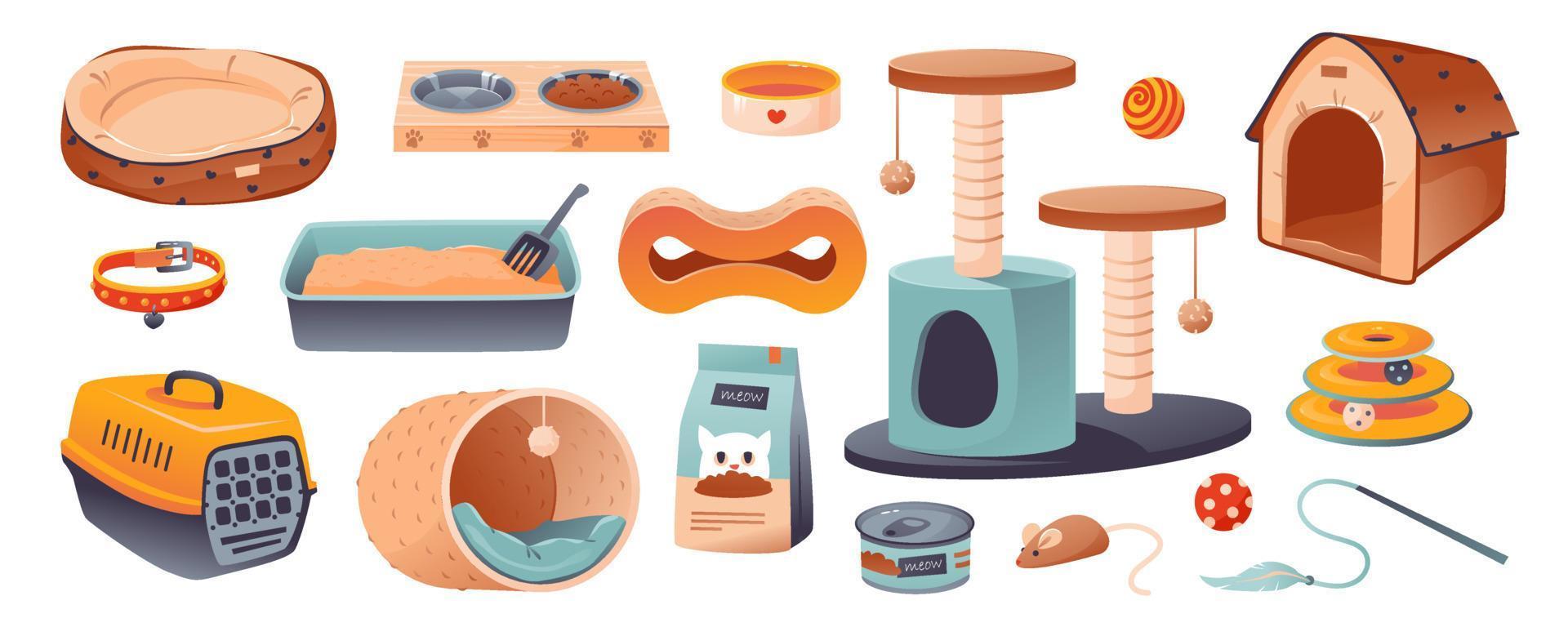 Cat accessories set. Bed, food, toys, scratching post and house for a pet. Cartoon vector illustration