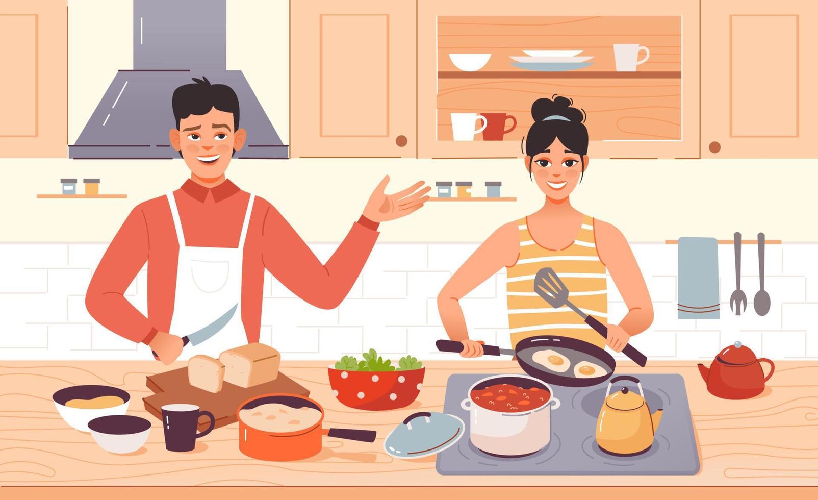 Kitchen cooking. A young couple cooks together in a home kitchen. Flat vector illustration.