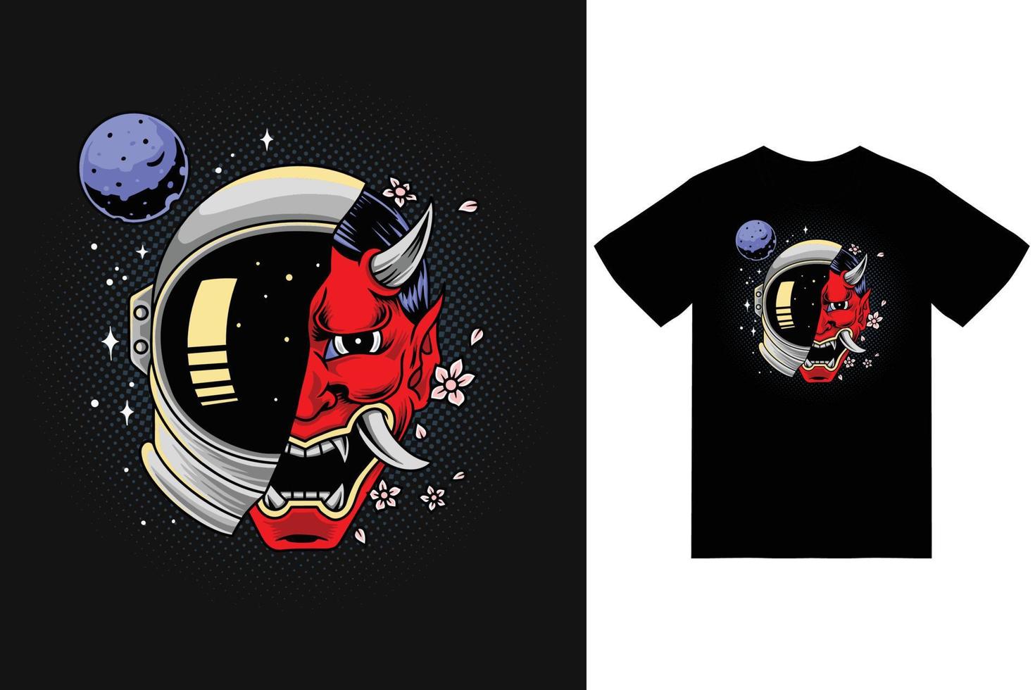 Oni mask astronaut helm vector illustration with tshirt design premium vector