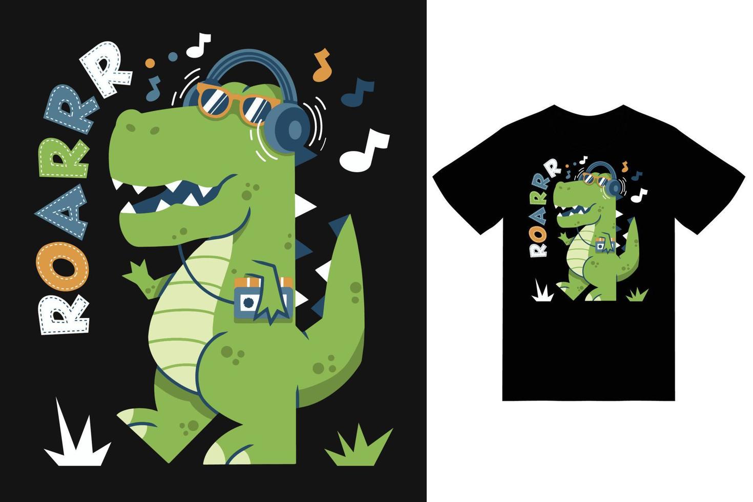 Cute dinosaur listening music illustration with tshirt design premium vector