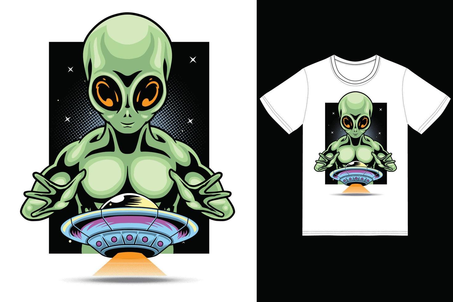 Alien catching ufo illustration with tshirt design premium vector