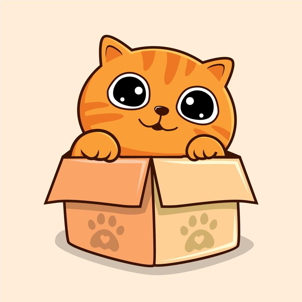 Striped Orange Cat in Box Cartoon Waving Hand - Cute Orange Tabby Kawaii Pussy Cat Vector