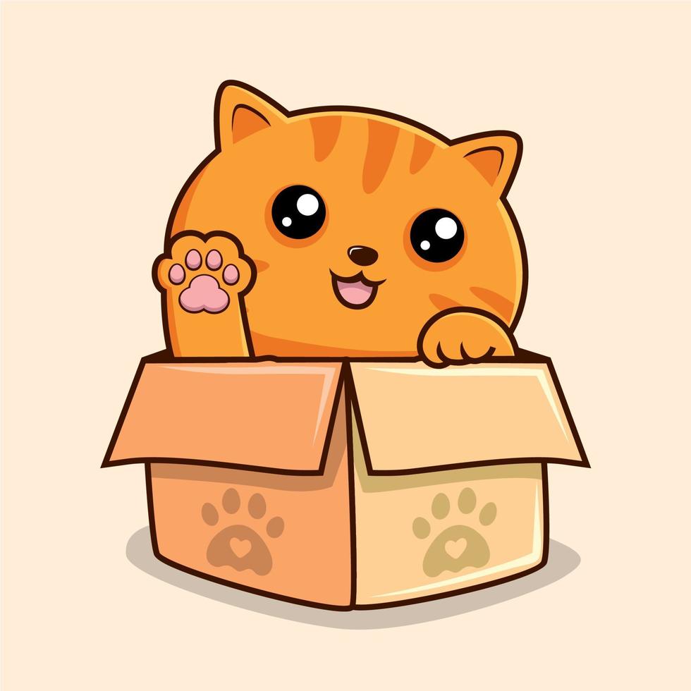 Striped Orange Cat in Box Cartoon Waving Hand - Cute Orange Tabby Pussy Cat Vector