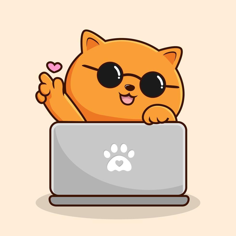 Orange Cat Playing Laptop Cartoon - Orange Pussy Cat Cool Glasses with Love Hand Vector