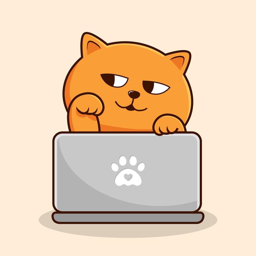 Orange Cat Playing Laptop Cartoon - Orange Pussy Cat Vector