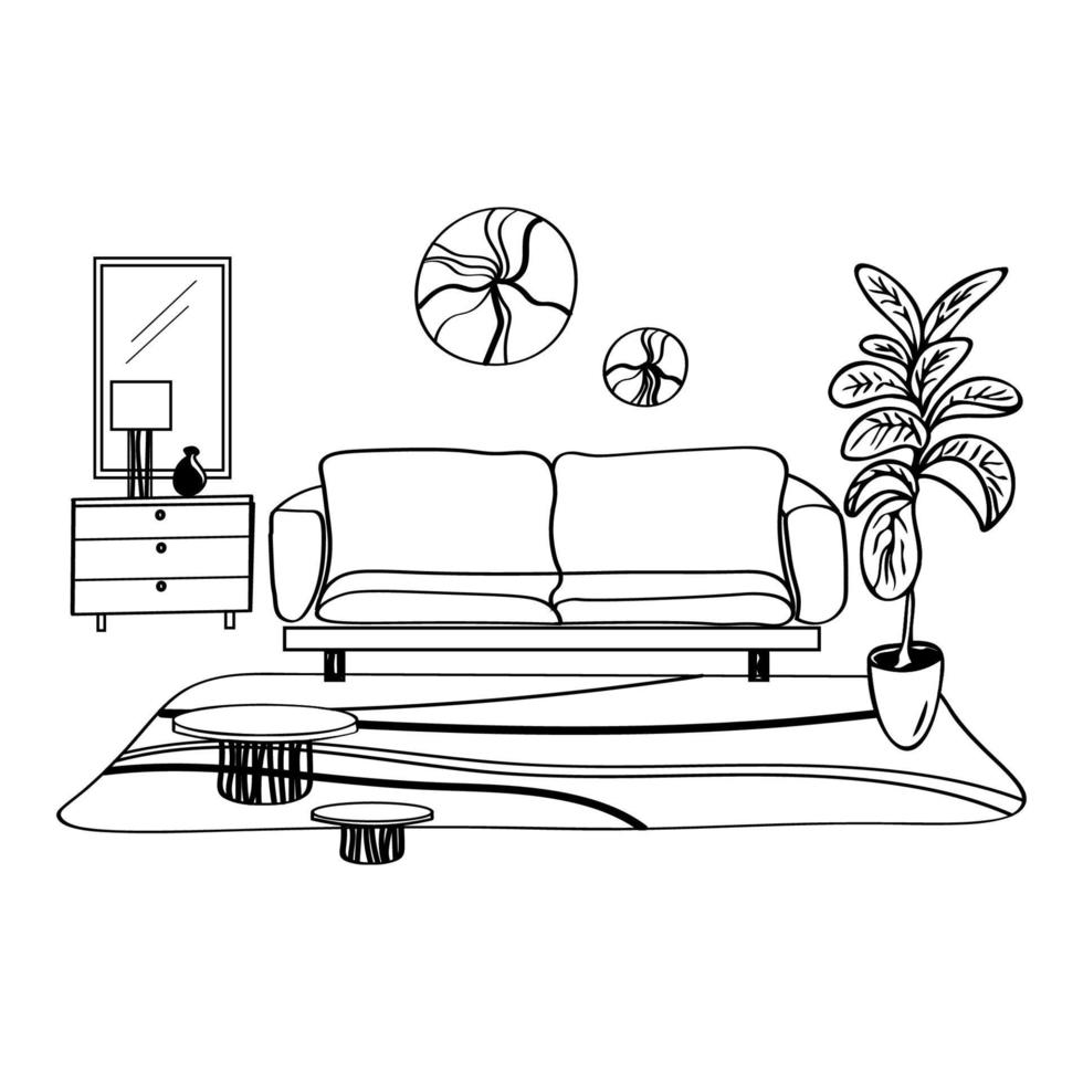 Illustration of a modern interior Japandi style. Image of sofa, chest of drawers with mirror, nightstands, houseplant and wall decor. Vecto vector