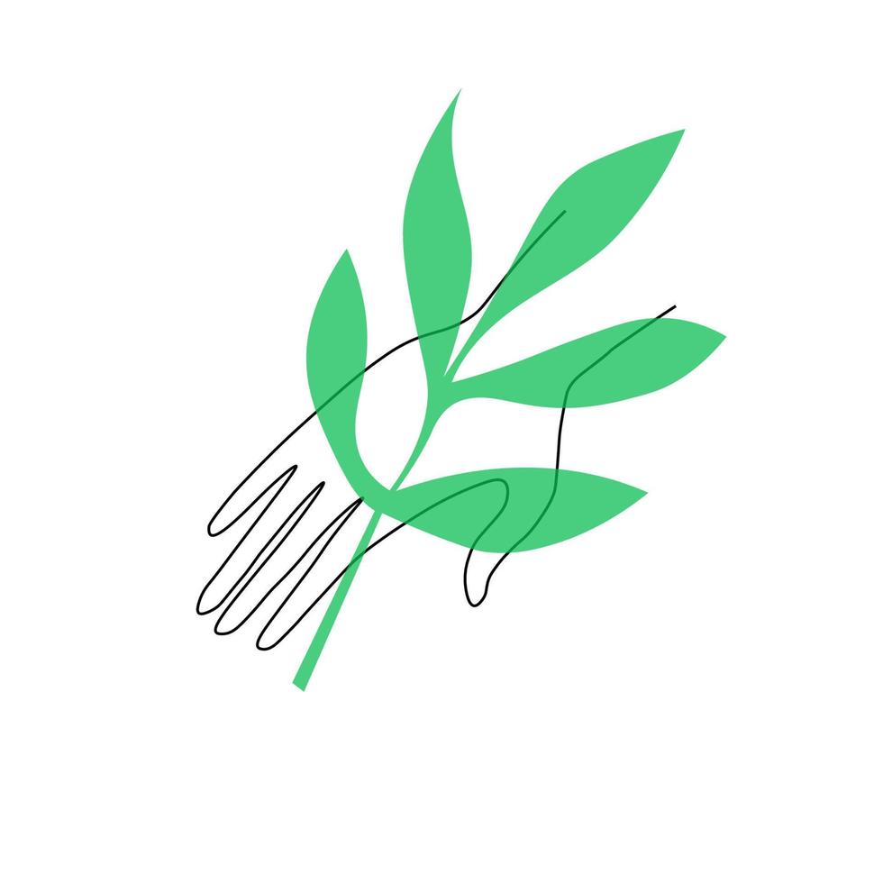 Hand with a green branch. Nature conservation sign, nature conservation day. Suitable for printing on T-shirts and designing flyers and cards. Vector