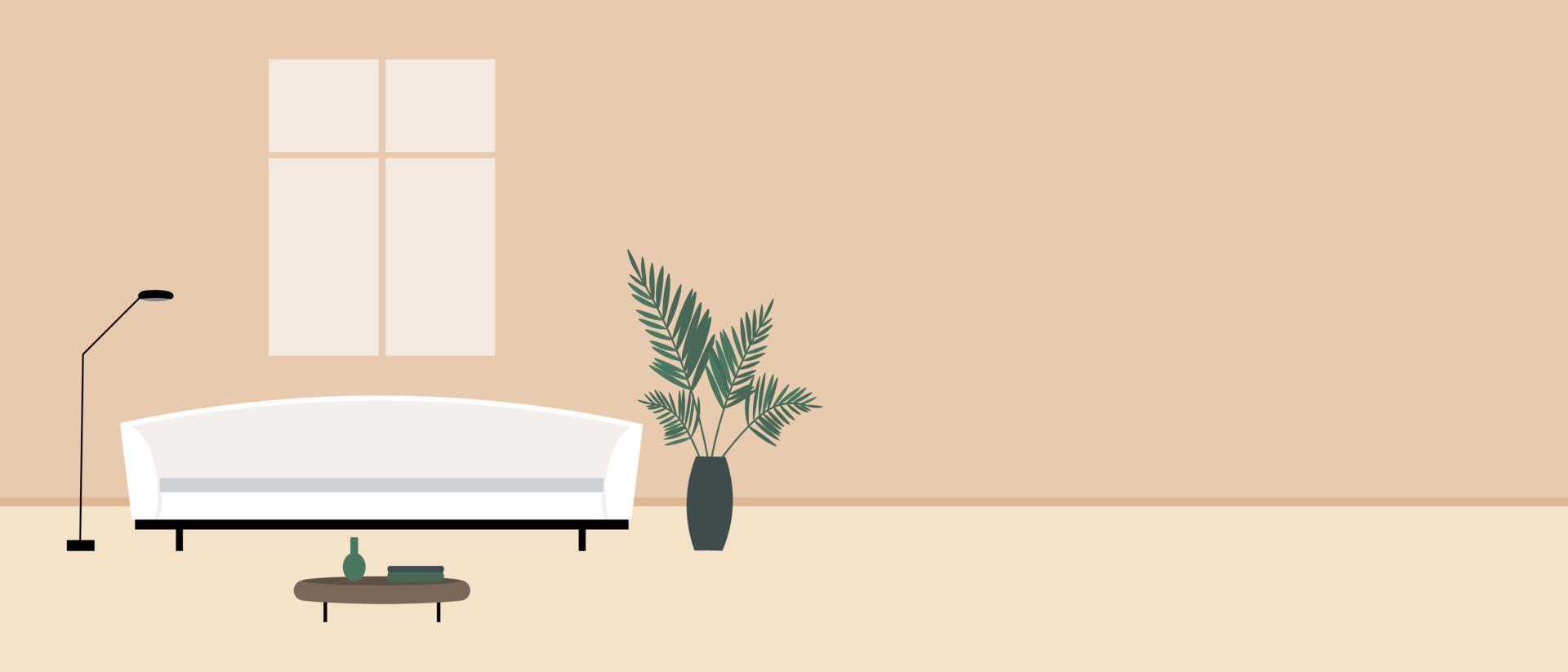 Living room without people. Copy space template. Modern living space without people. Flat vector illustration. Room with white sofa, coffee table, lamp, potted plant, window. Illustration for design
