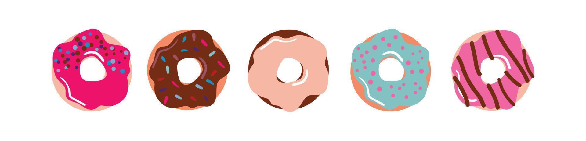 donuts en glaseado colorido, decorados con chispitas y chocolate vector