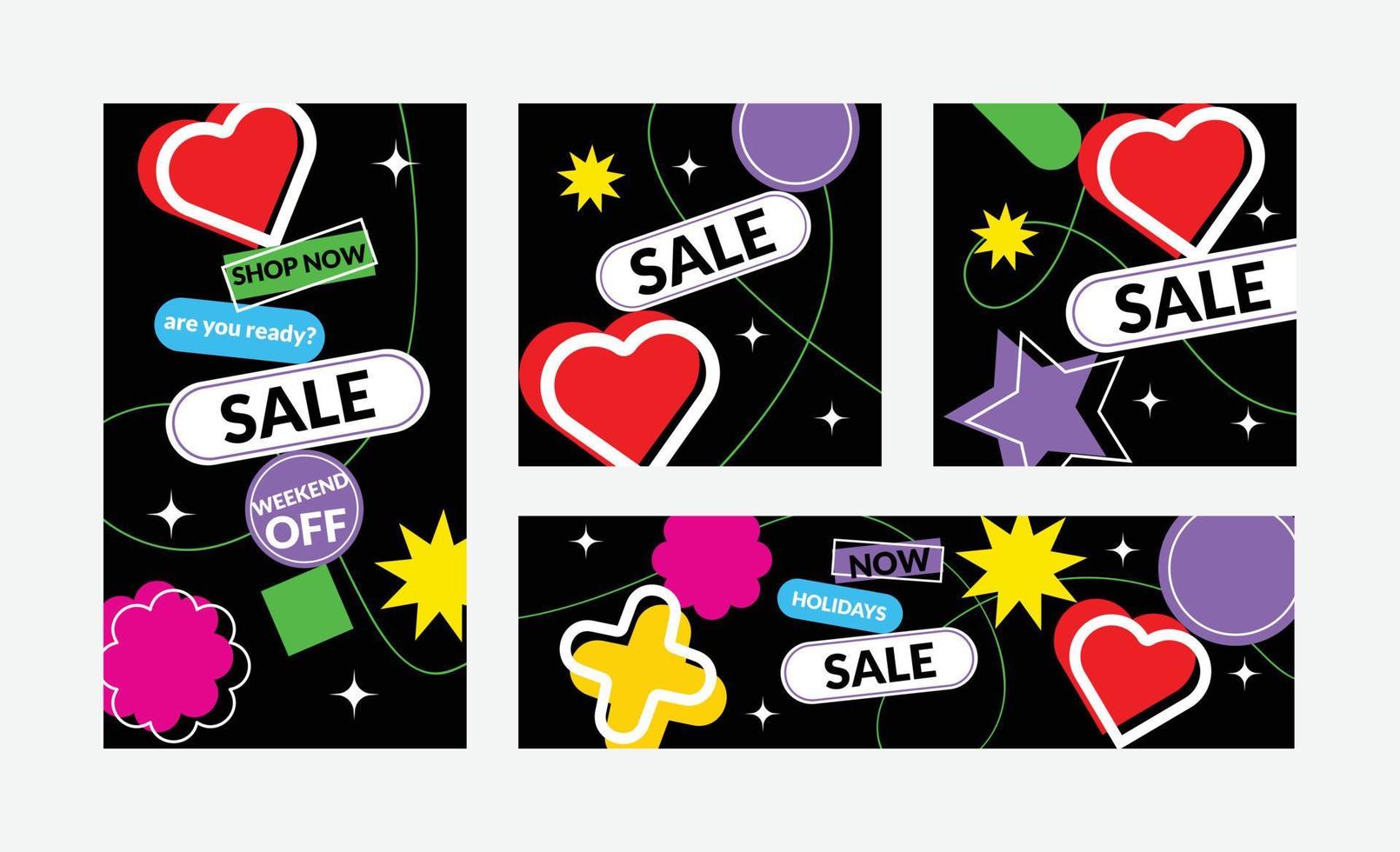 Flat geometric sale banner set for social media. Holidays sale set. vector