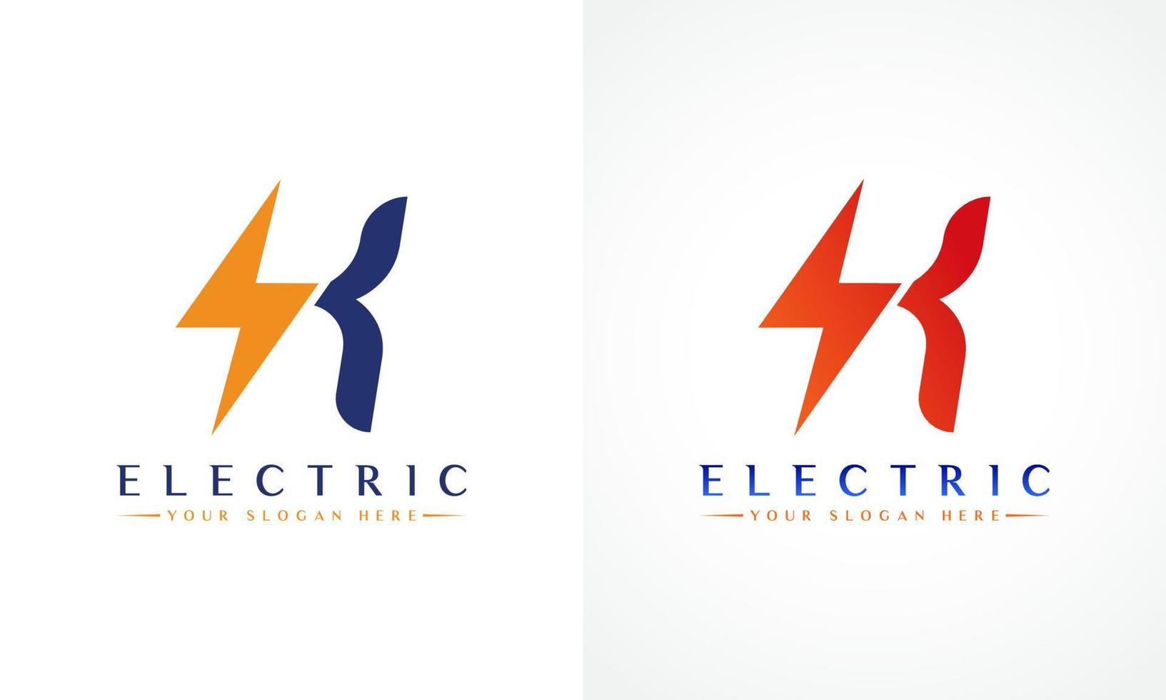 logotipo de letra k con diseño de vector de rayo trueno. Ilustración de vector de logotipo de letra k de perno eléctrico.