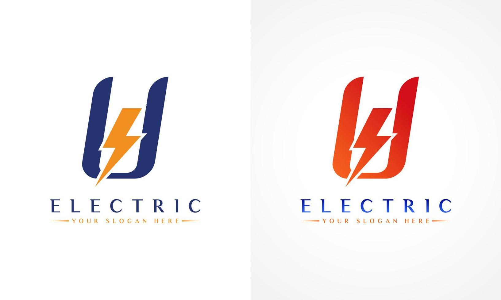 logotipo de letra u con diseño de vector de rayo trueno. Ilustración de vector de logotipo de letra u de perno eléctrico.
