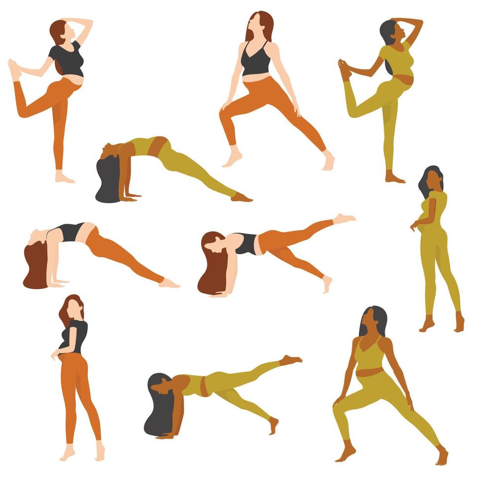 ilustración de vector de chica deportiva. conjunto de posturas de yoga. estirando chicas. deporte femenino, mujeres en ropa deportiva ilustración vectorial plana