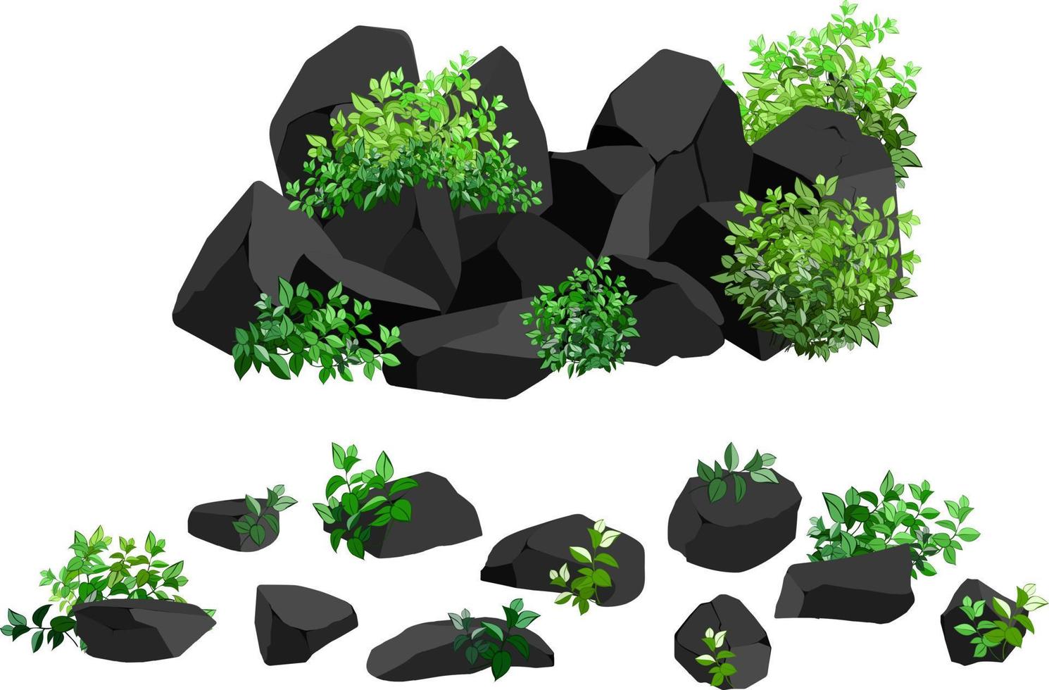 A set of black charcoal of various shapes and plants.Collection of pieces of coal, graphite, basalt and anthracite. The concept of mining and ore in a mine.Rock fragments,boulders. vector