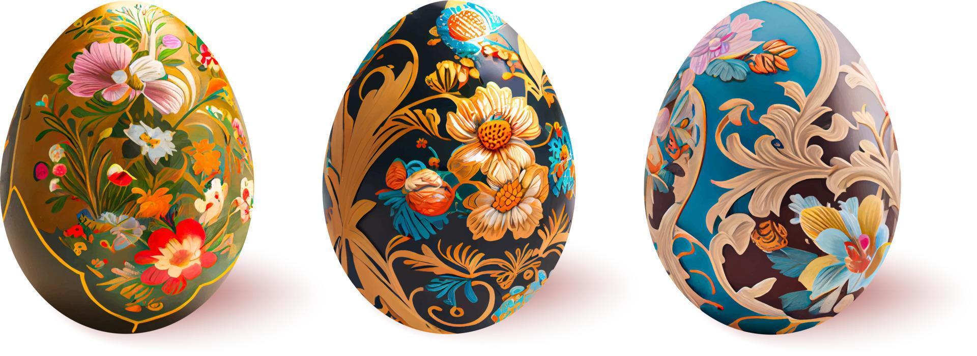 conjunto de huevos de pascua realistas con tracería floral sobre un fondo blanco. Los principales símbolos de las vacaciones de primavera. ilustración vectorial vector