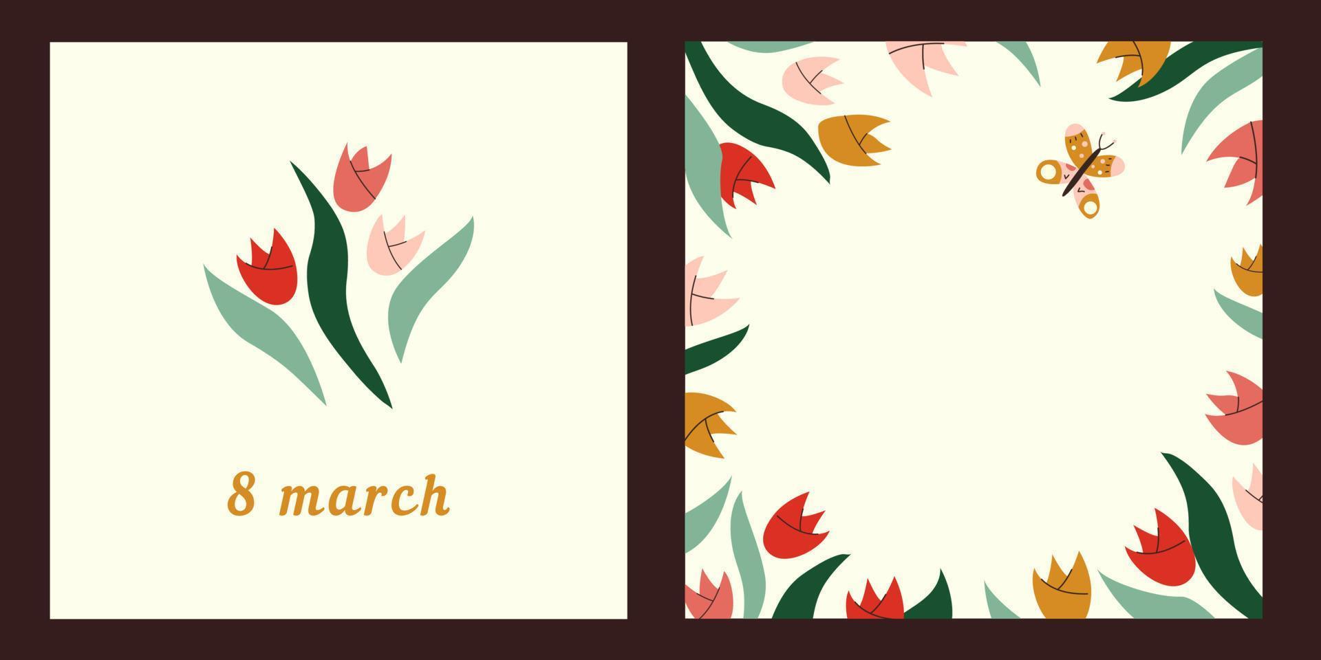 Cute cards with spring tulip flowers. Romantic floral frame background. International Women's Day, 8 march concept. Colorful flat vector illustration for social media post, postcard, poster