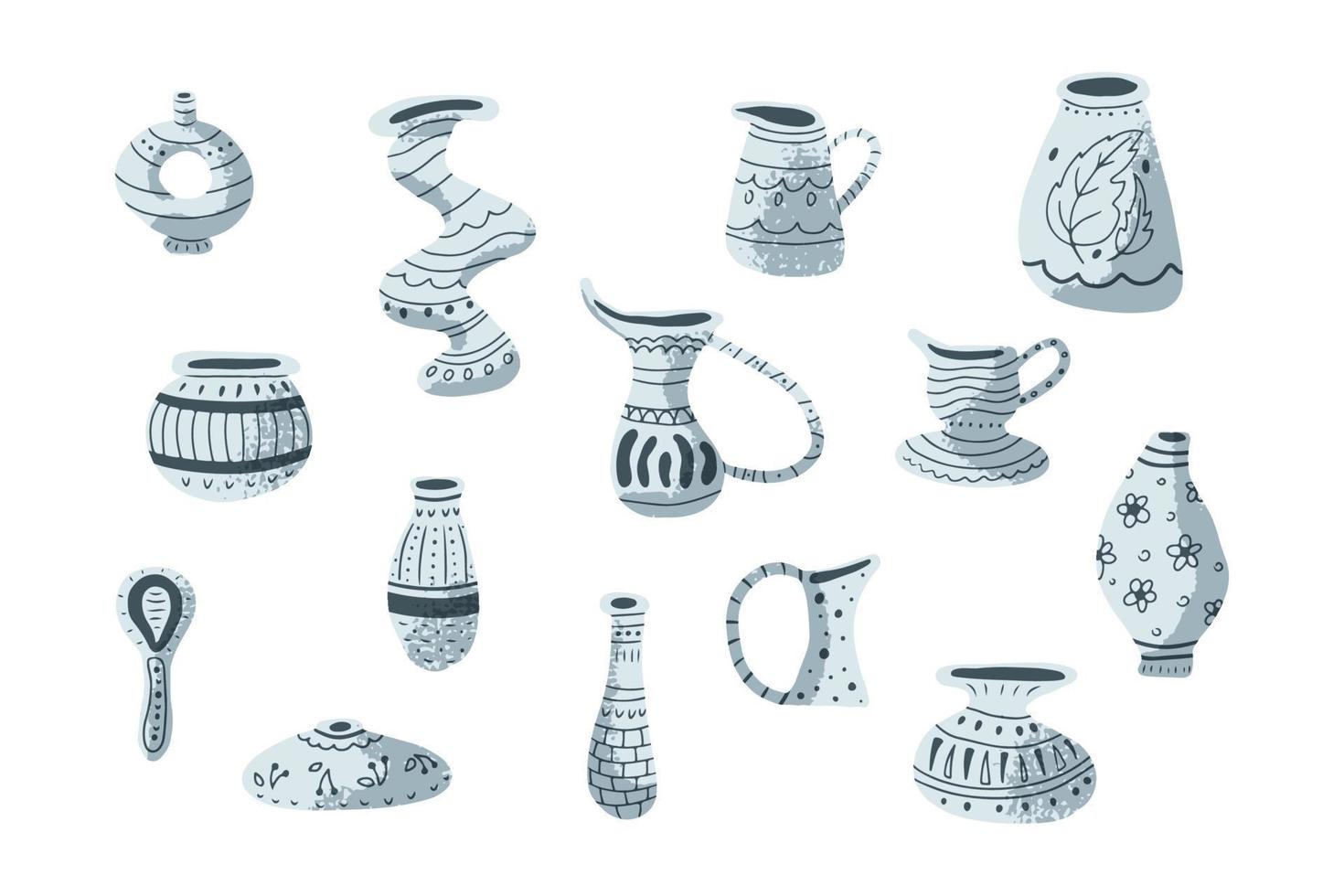 antiguos jarrones de cerámica hechos a mano, vasijas de barro pintado,  cántaros. juego de cerámica dibujado a mano. ilustración vectorial plana  aislada en fondo blanco 18863300 Vector en Vecteezy