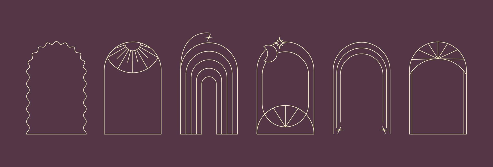 Minimal geometric line art arch frames. Boho linear arcs for logo, icon, social media post, badge, emblem. Vector illustration isolated on purple background