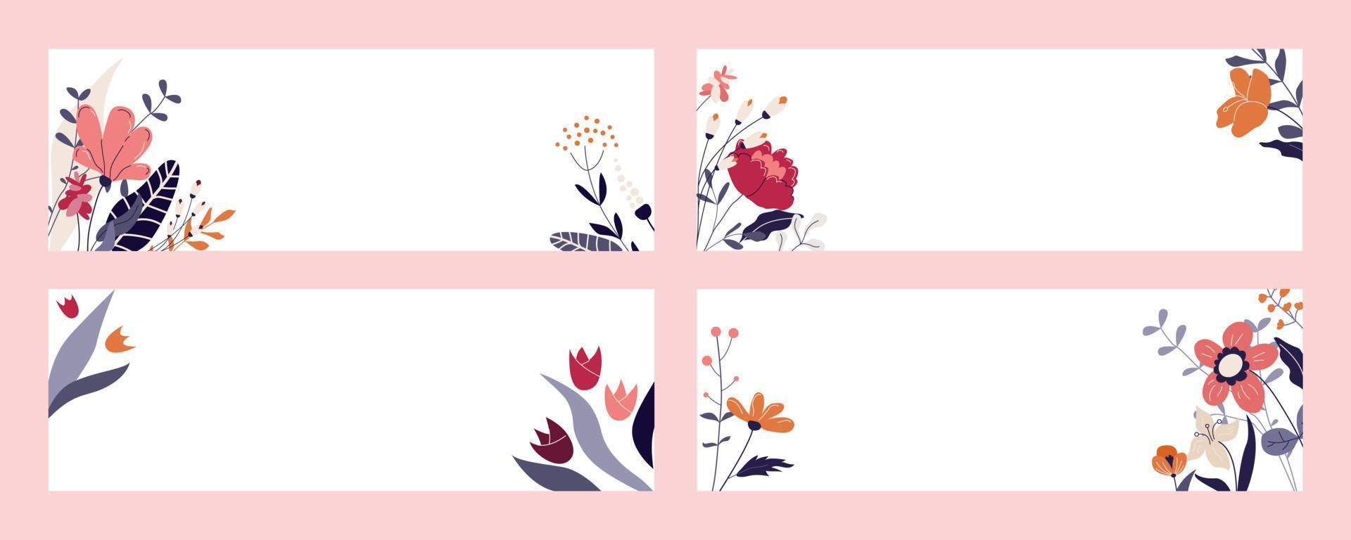 conjunto de banner floral o tarjeta con lugar para texto. fondos lindos de primavera con flores florecientes, hierbas y hojas. Ilustraciones de color flat isolated vector