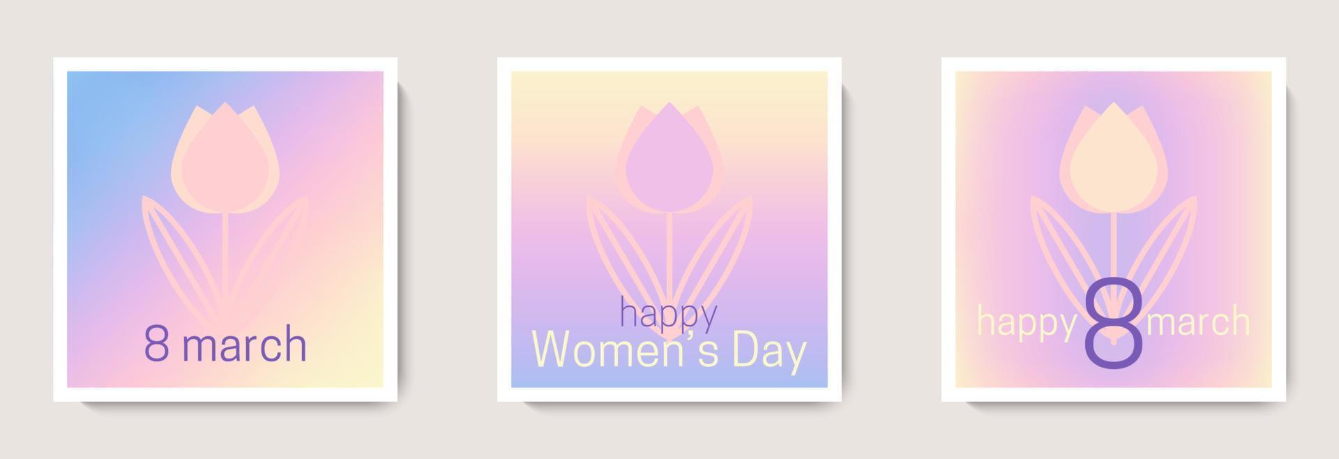 Happy International Women's Day banner background set. 8 march holiday frames with tulip flower. Modern gradient design for card, poster, cover, social media post template, web ads vector