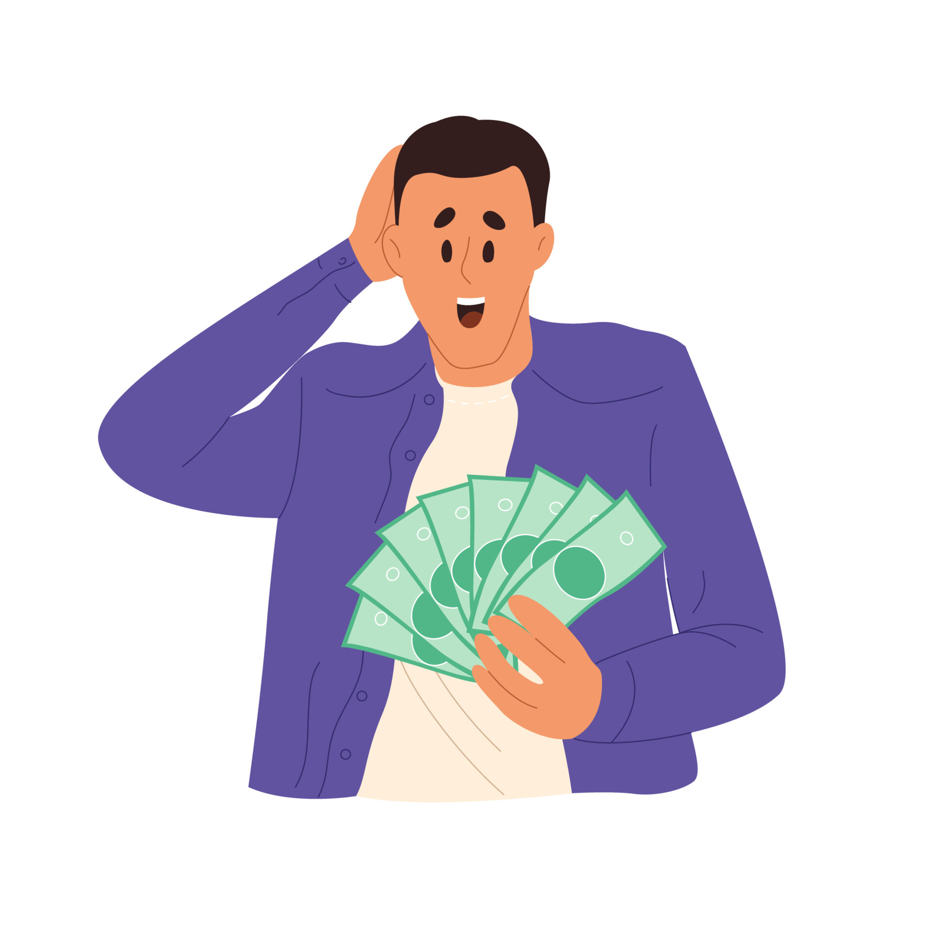 Happy young man holding pile of cash in hands. Excited male person with