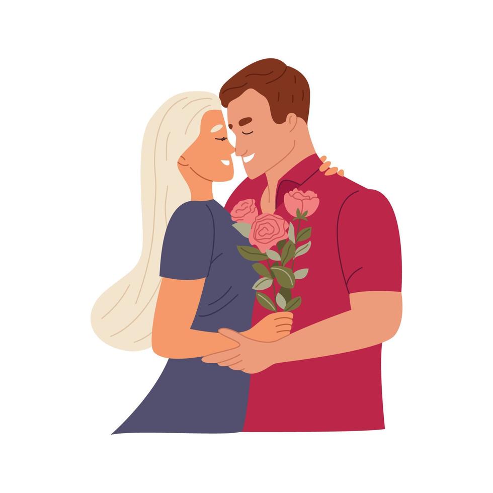 Happy love couple kissing, hugging. Girl and guy with flowers embracing in Valentine's or Wedding Day. Romantic relationship, love story concept. Flat vector illustration isolated on white background