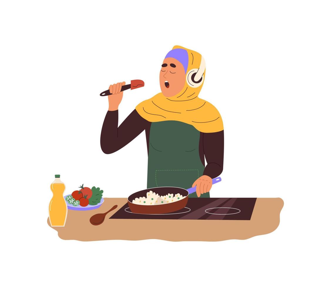 Young muslim woman wearing hijab and headphones, singing in spatula while cooking dinner at home. Arab girl having fun in kitchen. Flat vector illustration isolated on white background