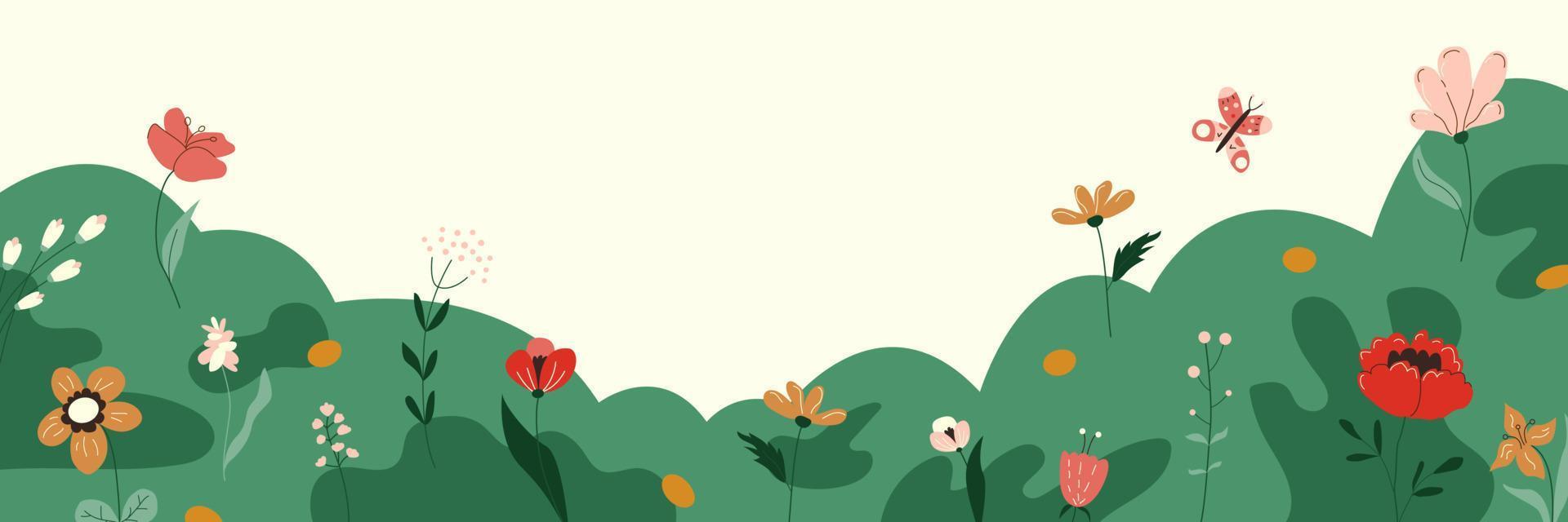 Nature background with wild flowers, herbs, plants, butterfly. Cute floral blooming horizontal banner. Decorative spring field border. Cartoon flat vector illustration