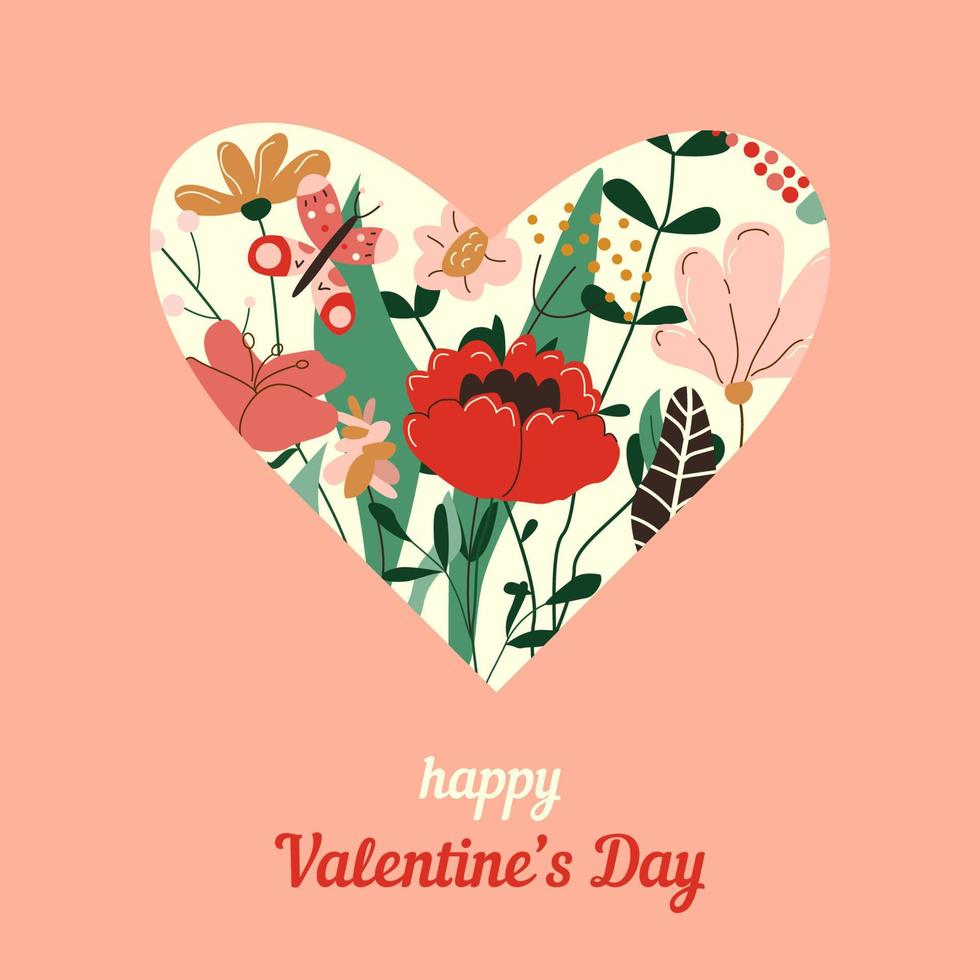 Happy Valentine's Day greeting card. Heart with spring wild flowers and butterfly. 14 february romantic banner design. Flat vector illustration