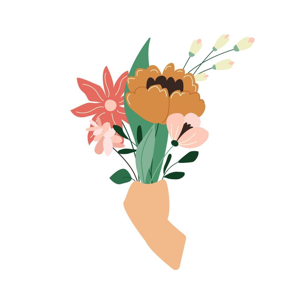 Hand holding elegant bouquet of delicate wild flowers. Beautiful spring bunch of cut blooms. Colored flat vector illustration isolated on white background