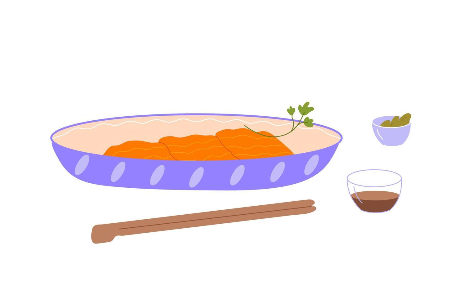 sashimi de salmón en un plato con salsa de soja, wasabi y palillos. rebanadas de plato de pescado rojo. composición de alimentos de japón. ilustración vectorial plana coloreada aislada sobre fondo blanco vector