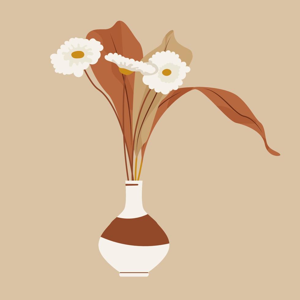 Bouquet of daisy flowers in ceramic vase. Minimalist composition of abstract chamomilles. Modern interior decor in boho style. Flat vector illustration isolated on white background