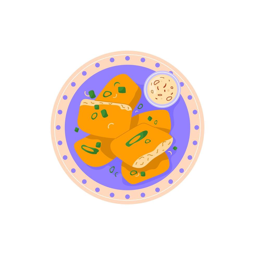 tofu shan frito en un plato con cebollas verdes y salsa de chili dulce. plato de comida asiática. ilustración vectorial plana coloreada aislada sobre fondo blanco vector