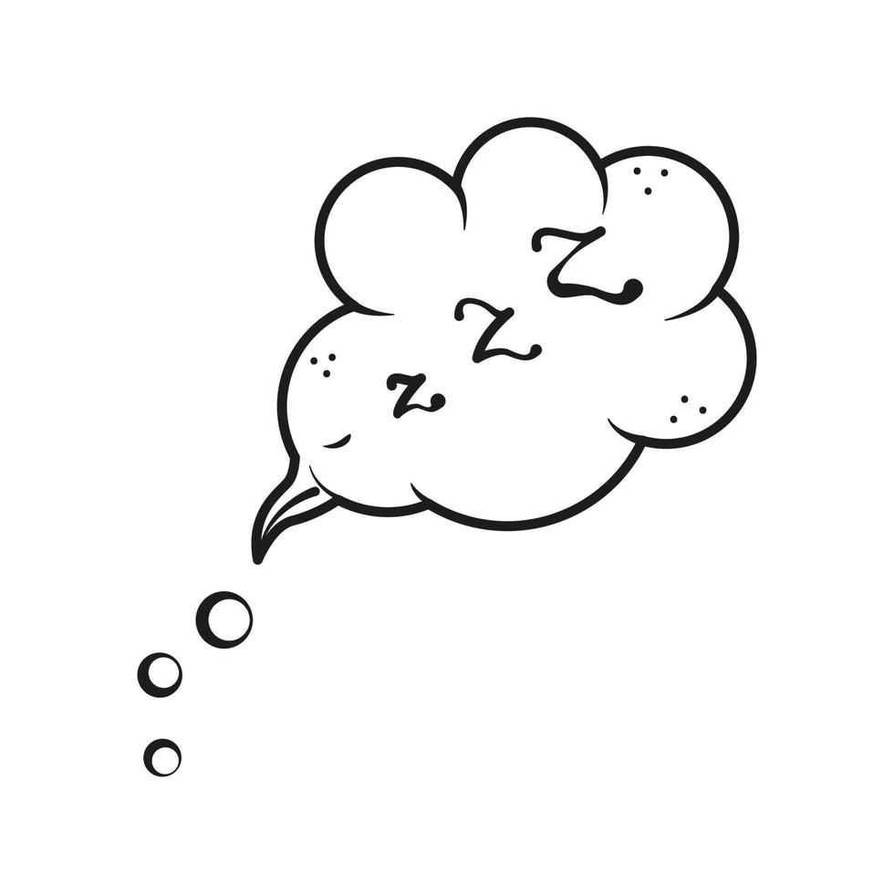 Zzz sleep icon in doodle sketch style. Speech bubble graphic element. Cute sleep bird shape with zzzz text. Line drawing night symbol. Vector illustration isolated on white background