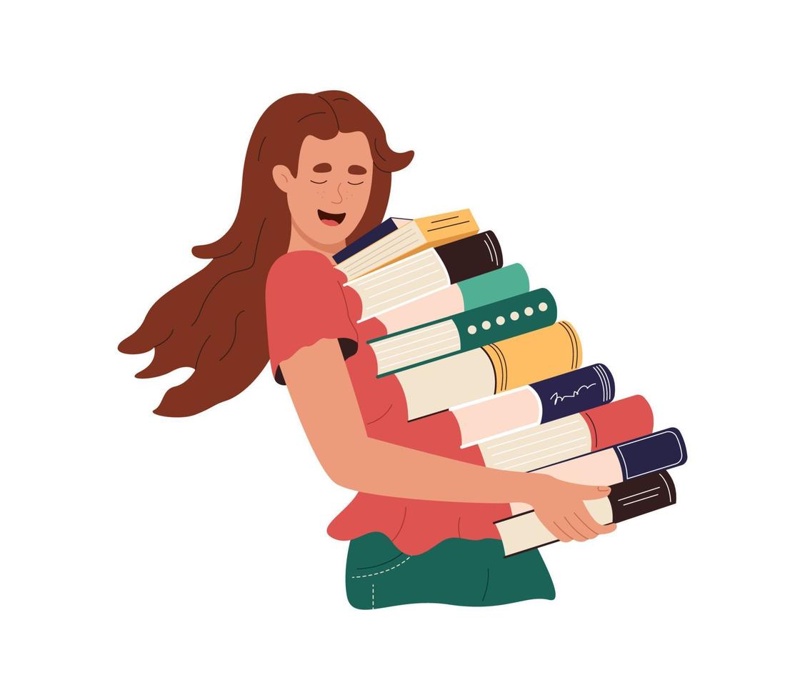 estudiante feliz sosteniendo una pila de libros en las manos. mujer joven cargando un montón de libros de texto de la biblioteca. lector sonriente, ratón de biblioteca con literatura amada. ilustración vectorial plana de dibujos animados vector