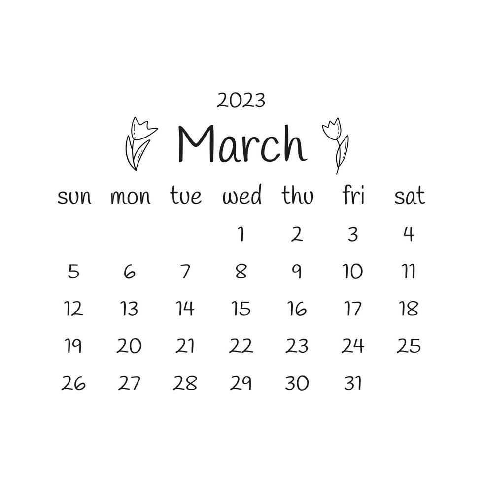 2023 march calendar with tulips. Vector doodle design