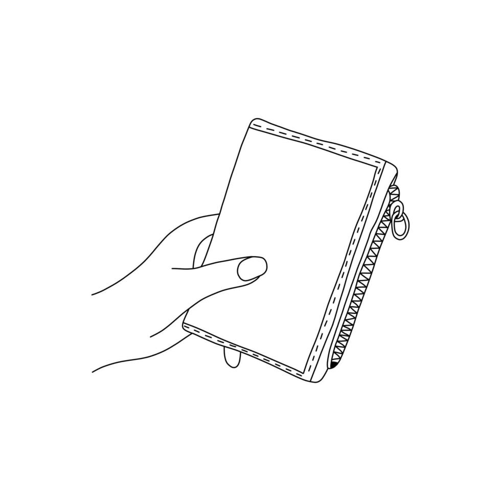 Hand holds a wallet. Black and white vector