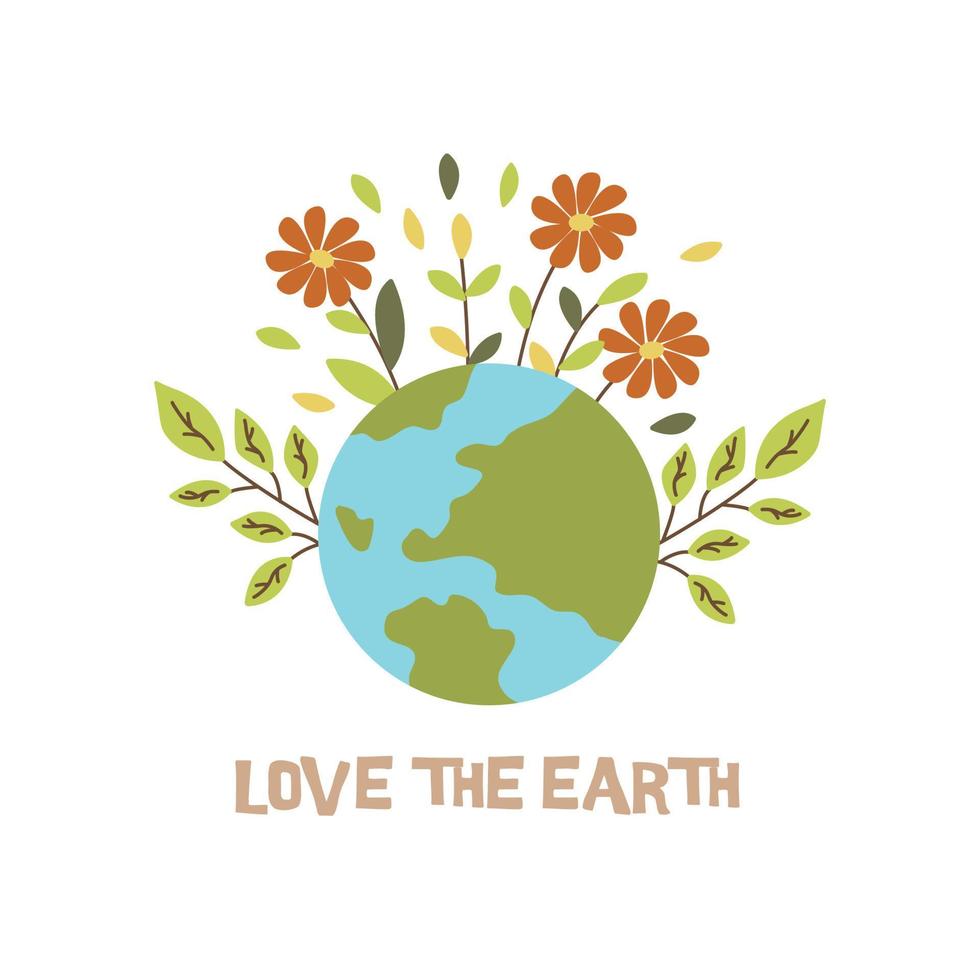 Planet with inscription love the earth and branches. Vector