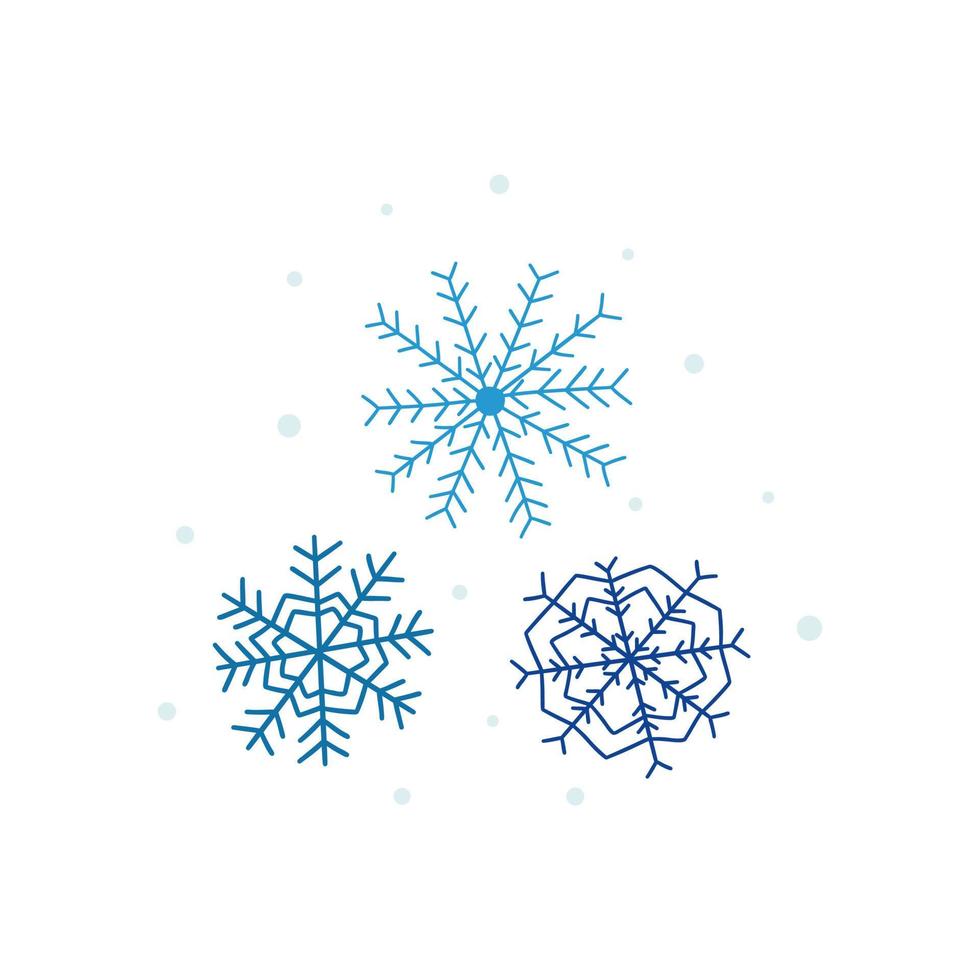 Set of three different blue snowflakes. Vector doodle