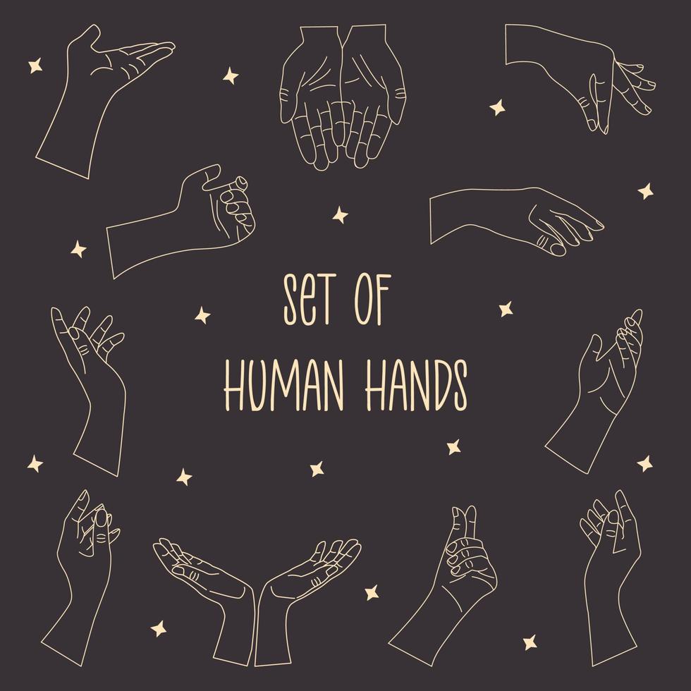 Human hands set. Linear vector on a dark background